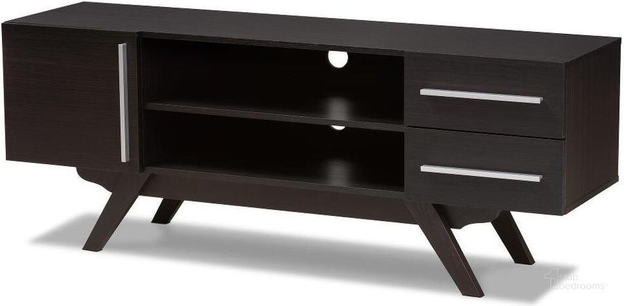 The appearance of Baxton Studio Ashfield Mid-Century Modern Dark Brown Finished Wood Tv Stand designed by Baxton Studio in the transitional interior design. This dark brown piece of furniture  was selected by 1StopBedrooms from Ashfield Collection to add a touch of cosiness and style into your home. Sku: ET 3515-01-Dark Brown-TV. Material: MDF. Product Type: TV Stands and TV Console. Image1