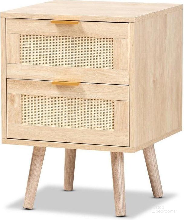 The appearance of Baxton Studio Baird Mid Century Modern Light Oak Brown Finished Wood And Rattan 2 Drawer Nightstand designed by Baxton Studio in the transitional interior design. This oak brown piece of furniture  was selected by 1StopBedrooms from Baird Collection to add a touch of cosiness and style into your home. Sku: SR196128-Rattan-NS. Product Type: Nightstand. Material: MDF. Image1