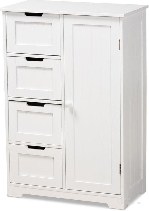 The appearance of Baxton Studio Bauer Modern And Contemporary White Finished Wood 4 Drawer Bathroom Storage Cabinet designed by Baxton Studio in the modern / contemporary interior design. This white piece of furniture  was selected by 1StopBedrooms from Bauer Collection to add a touch of cosiness and style into your home. Sku: SR191194-White-Cabinet. Material: MDF. Product Type: Bathroom Storage. Image1