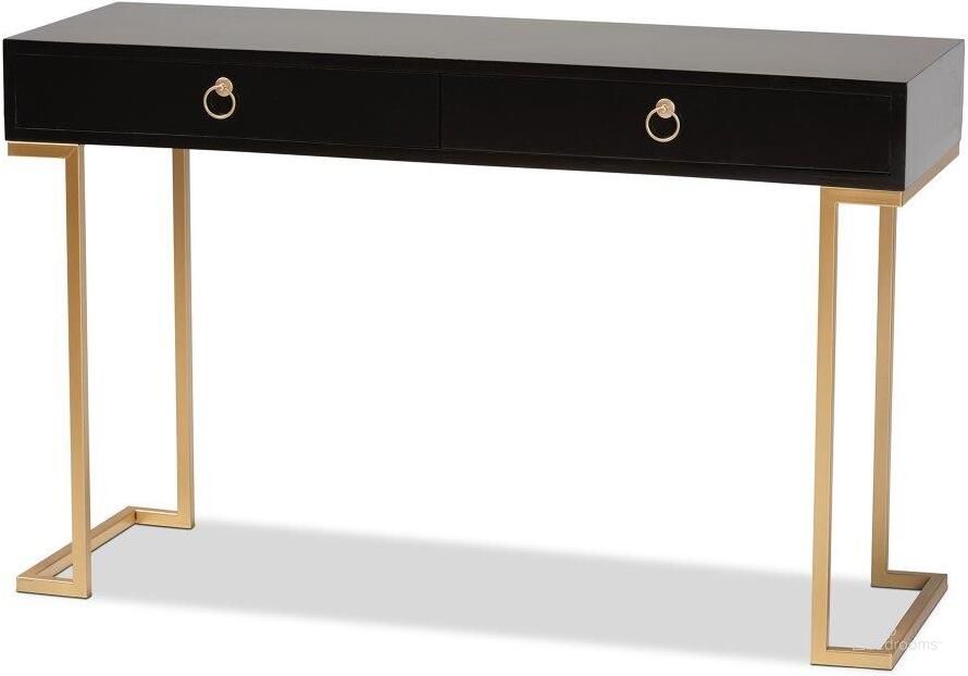 The appearance of Baxton Studio Beagan Modern And Contemporary Black Finished Wood And Gold Metal 2-Drawer Console Table designed by Baxton Studio in the modern / contemporary interior design. This black and gold piece of furniture  was selected by 1StopBedrooms from Beagan Collection to add a touch of cosiness and style into your home. Sku: JY20B168-Black/Gold. Product Type: Console Table. Material: MDF. Image1