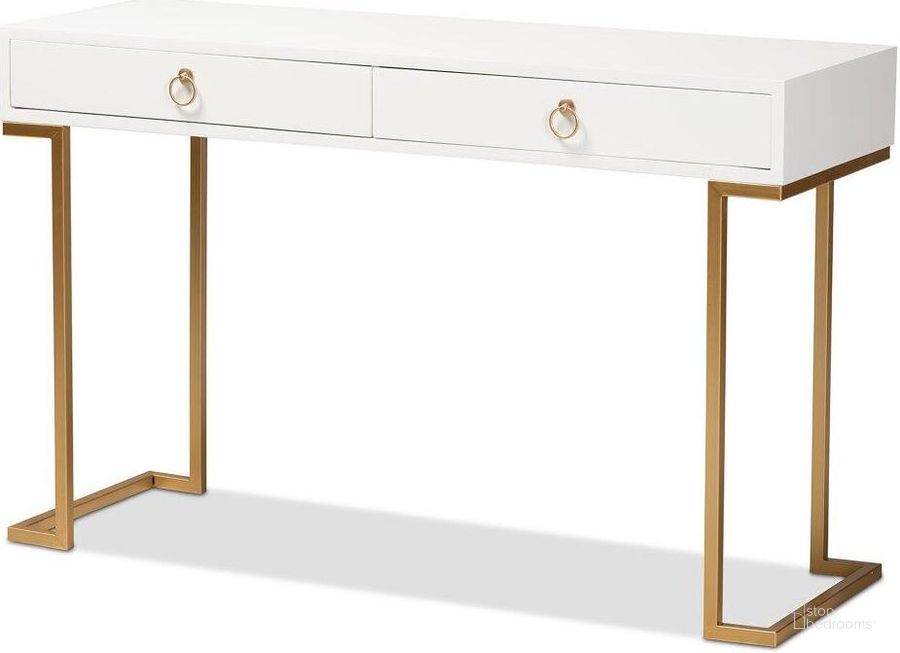 The appearance of Baxton Studio Beagan Modern And Contemporary White Finished Wood And Gold Metal 2-Drawer Console Table designed by Baxton Studio in the modern / contemporary interior design. This white piece of furniture  was selected by 1StopBedrooms from Beagan Collection to add a touch of cosiness and style into your home. Sku: JY20B168-White/Gold. Material: Wood. Product Type: Console Table. Image1