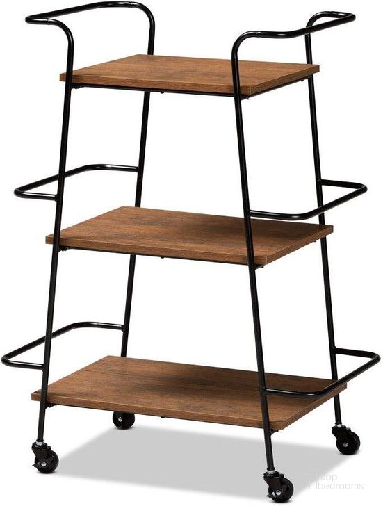 The appearance of Baxton Studio Bernard Rustic Industrial Black Metal And Walnut Finished Wood 3 Tier Small Mobile Wine Bar Cart designed by Baxton Studio in the industrial interior design. This black and brown piece of furniture  was selected by 1StopBedrooms from Bernard Collection to add a touch of cosiness and style into your home. Sku: SR192046-Rustic Brown/Black-Cart/Small. Product Type: Serving Cart. Material: MDF. Image1