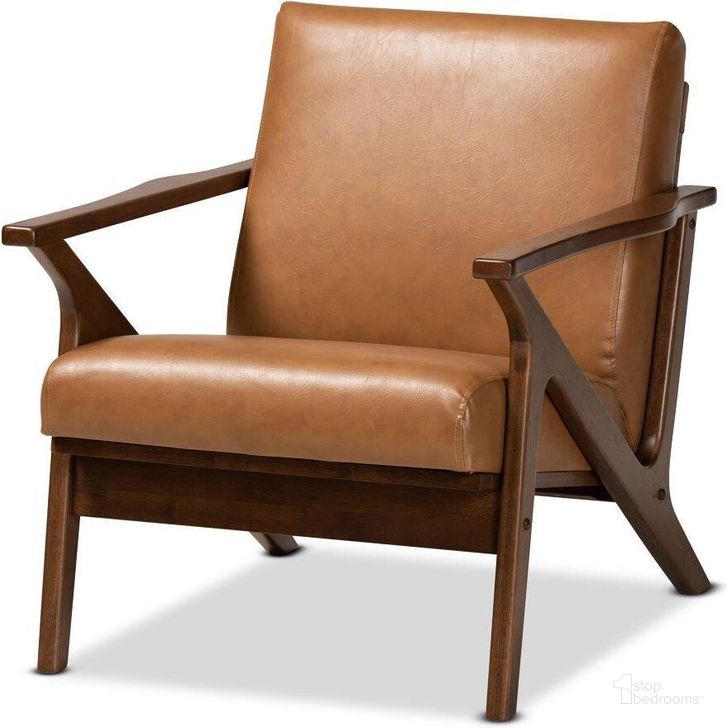 The appearance of Baxton Studio Bianca Mid Century Modern Walnut Brown Finished Wood And Tan Faux Leather Effect Lounge Chair designed by Baxton Studio in the transitional interior design. This tan and walnut brown piece of furniture  was selected by 1StopBedrooms from Bianca Collection to add a touch of cosiness and style into your home. Sku: Bianca-Tan/Walnut Brown-CC. Product Type: Lounge Chair. Material: Rubberwood. Image1