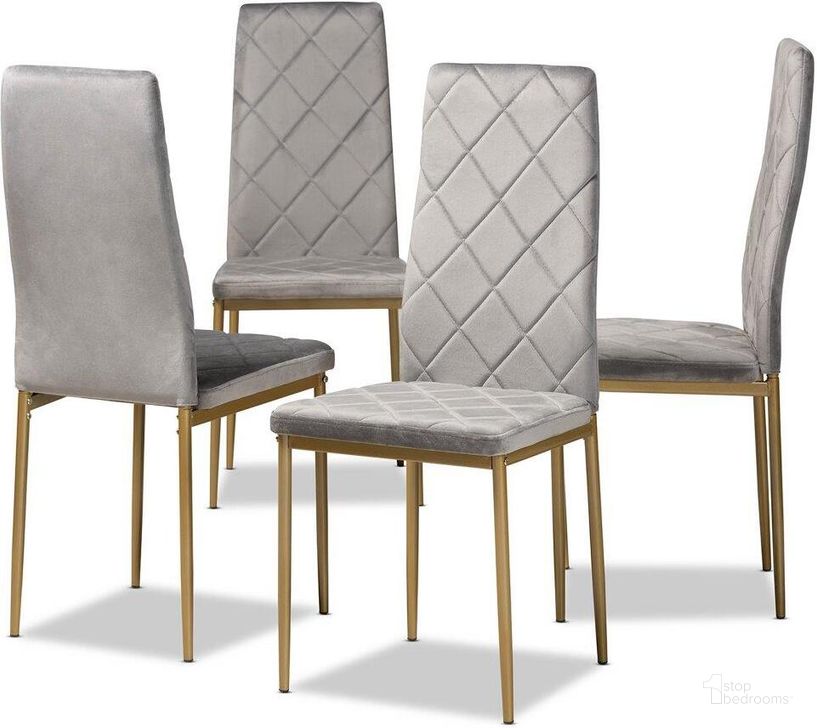 The appearance of Baxton Studio Blaise Modern Luxe and Glam Grey Velvet Fabric Upholstered and Gold Finished Metal 4-Piece Dining Chair Set designed by Baxton Studio in the glam interior design. This grey and gold piece of furniture  was selected by 1StopBedrooms from Blaise Collection to add a touch of cosiness and style into your home. Sku: 112157-4-Grey Velvet/Gold-DC. Material: Polyester. Product Type: Dining Chair. Image1