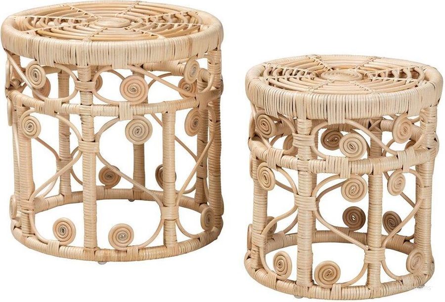 The appearance of Baxton Studio Bowie Modern Bohemian Natural Brown Rattan 2 Piece Nesting End Table Set designed by Baxton Studio in the coastal interior design. This natural brown piece of furniture  was selected by 1StopBedrooms from Bowie Collection to add a touch of cosiness and style into your home. Sku: RT010-Rattan-Nesting Table. Material: Natural Rattan. Product Type: End Table. Image1