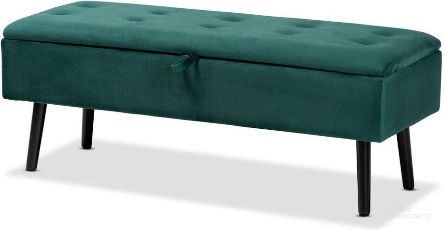The appearance of Baxton Studio Caine Modern and Contemporary Green Velvet Fabric Upholstered and Dark Brown Finished Wood Storage Bench designed by Baxton Studio in the modern / contemporary interior design. This brown and green piece of furniture  was selected by 1StopBedrooms from Caine Collection to add a touch of cosiness and style into your home. Sku: FZD020108-Green Velvet-Bench. Material: Wood. Product Type: Storage Bench. Image1