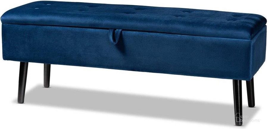 The appearance of Baxton Studio Caine Modern and Contemporary Navy Blue Velvet Fabric Upholstered and Dark Brown Finished Wood Storage Bench designed by Baxton Studio in the modern / contemporary interior design. This navy blue piece of furniture  was selected by 1StopBedrooms from Caine Collection to add a touch of cosiness and style into your home. Sku: FZD020108-Navy Blue Velvet-Bench. Material: Wood. Product Type: Storage Bench. Image1