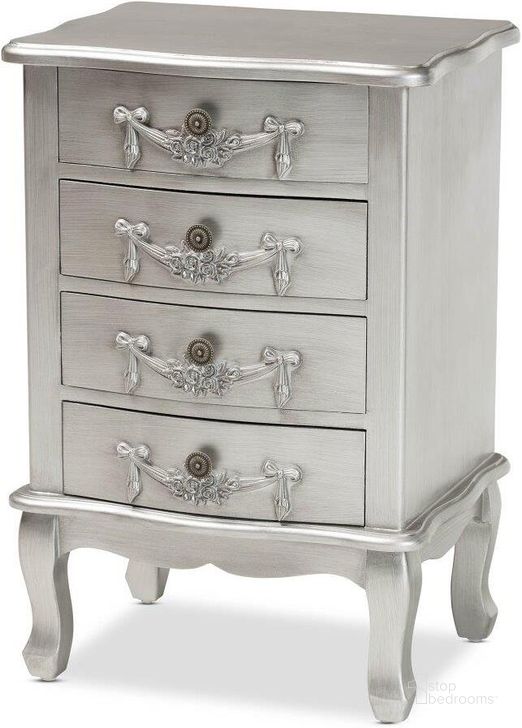 The appearance of Baxton Studio Callen Classic And Traditional Brushed Silver Finished Wood 4-Drawer Nightstand designed by Baxton Studio in the traditional interior design. This silver piece of furniture  was selected by 1StopBedrooms from Callen Collection to add a touch of cosiness and style into your home. Sku: JY18B025-Silver-4DW-NS. Product Type: Nightstand. Material: MDF. Image1