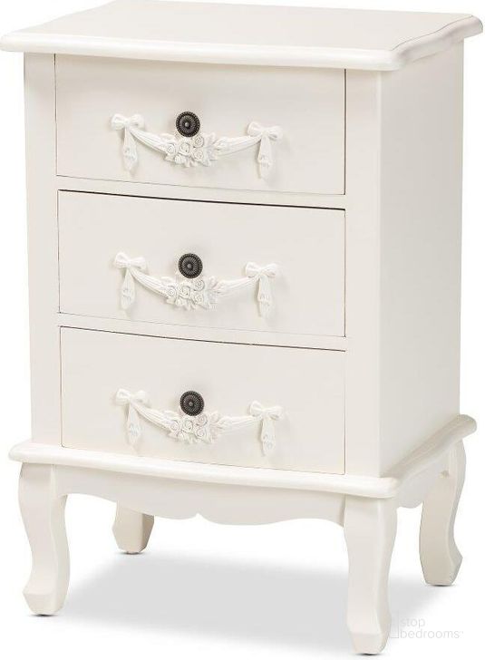 The appearance of Baxton Studio Callen Classic And Traditional White Finished Wood 3-Drawer Nightstand designed by Baxton Studio in the traditional interior design. This white piece of furniture  was selected by 1StopBedrooms from Callen Collection to add a touch of cosiness and style into your home. Sku: JY18B018-White-3DW-NS. Product Type: Nightstand. Material: MDF. Image1