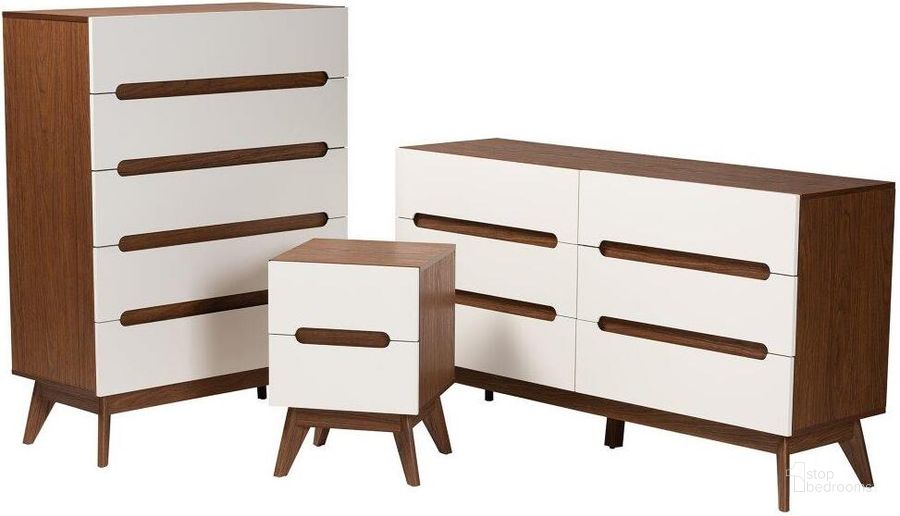 The appearance of Baxton Studio Calypso Mid-Century Modern Two-Tone White and Walnut Brown Finished Wood 3-Piece Storage Set designed by Baxton Studio in the transitional interior design. This walnut and white piece of furniture  was selected by 1StopBedrooms from Calypso Collection to add a touch of cosiness and style into your home. Sku: Calypso-Walnut/White-3PC Storage Set. Product Type: Dresser. Material: MDF. Image1