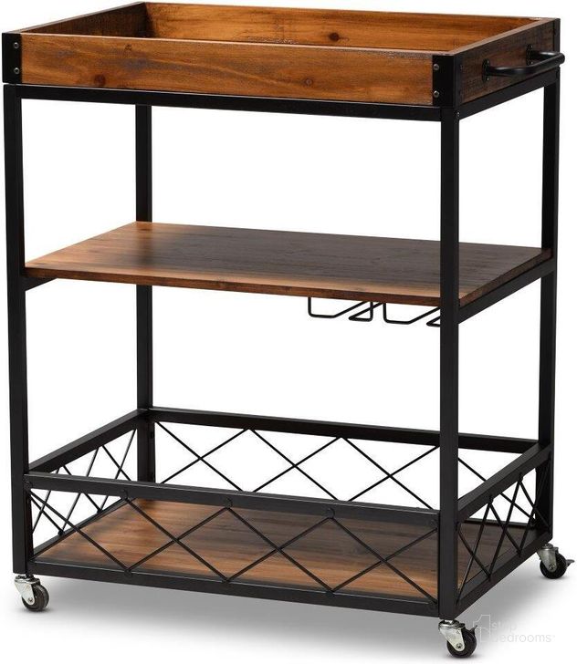 The appearance of Baxton Studio Capri Vintage Rustic Industrial Oak Brown And Black Finished Mobile Metal Bar Cart With Stemware Rack designed by Baxton Studio in the rustic / southwestern interior design. This gold and black piece of furniture  was selected by 1StopBedrooms from Capri Collection to add a touch of cosiness and style into your home. Sku: SR1802021-Oak Brown/Black. Material: Wood. Product Type: Wine Rack. Image1