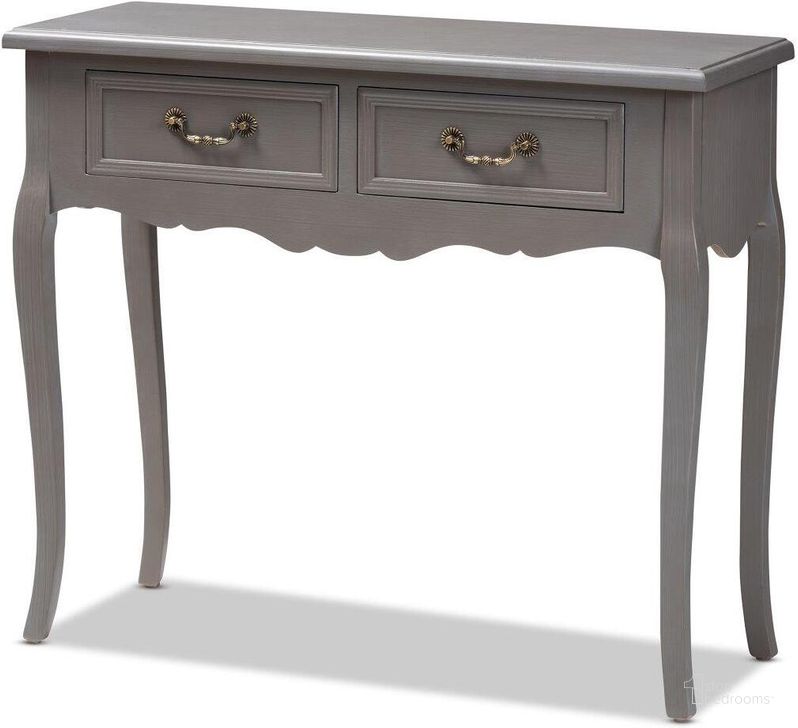 The appearance of Baxton Studio Capucine Antique French Country Cottage Gray Finished Wood 2-Drawer Console Table designed by Baxton Studio in the transitional interior design. This gray piece of furniture  was selected by 1StopBedrooms from Capucine Collection to add a touch of cosiness and style into your home. Sku: JY18A026-Grey-Console. Product Type: Console Table. Material: MDF. Image1