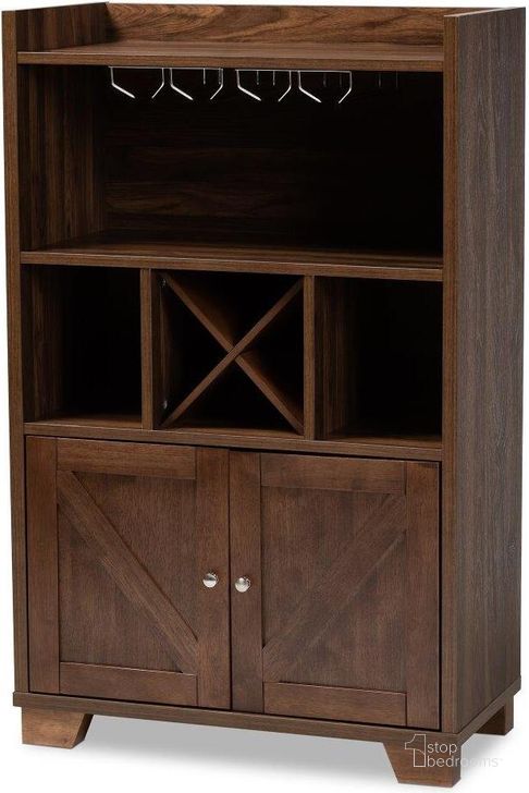 The appearance of Baxton Studio Carrie Transitional Farmhouse Walnut Brown Finished Wood Wine Storage Cabinet designed by Baxton Studio in the country / farmhouse interior design. This walnut piece of furniture  was selected by 1StopBedrooms from Carrie Collection to add a touch of cosiness and style into your home. Sku: RT677-OCC-Walnut-Cabinet. Product Type: Storage Cabinet. Material: Rubberwood. Image1