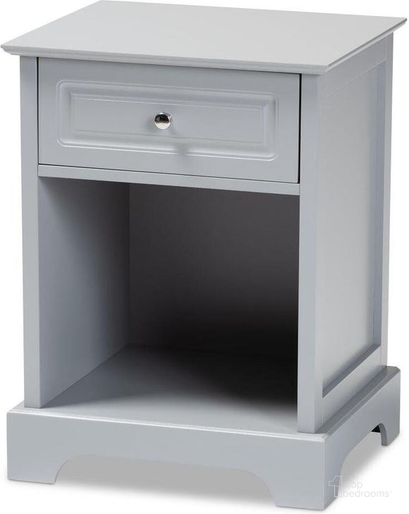 The appearance of Baxton Studio Chase Modern Transitional Light Grey Finished 1-Drawer Wood Nightstand designed by Baxton Studio in the modern / contemporary interior design. This light grey piece of furniture  was selected by 1StopBedrooms from Chase Collection to add a touch of cosiness and style into your home. Sku: SR161050-Light Grey-NS. Product Type: Nightstand. Material: MDF. Image1