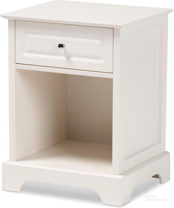 The appearance of Baxton Studio Chase Modern Transitional White Finished 1-Drawer Wood Nightstand designed by Baxton Studio in the modern / contemporary interior design. This white piece of furniture  was selected by 1StopBedrooms from Chase Collection to add a touch of cosiness and style into your home. Sku: SR161050-White-NS. Product Type: Nightstand. Material: MDF. Image1