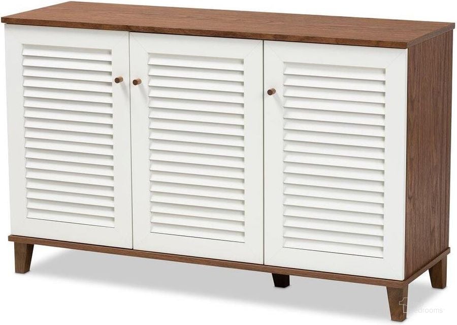 The appearance of Baxton Studio Coolidge Modern and Contemporary Walnut Finished 8-Shelf Wood Shoe Storage Cabinet designed by Baxton Studio in the modern / contemporary interior design. This white piece of furniture  was selected by 1StopBedrooms from Coolidge Collection to add a touch of cosiness and style into your home. Sku: FP-04LV-Walnut/White. Product Type: Storage Cabinet. Material: MDF. Image1