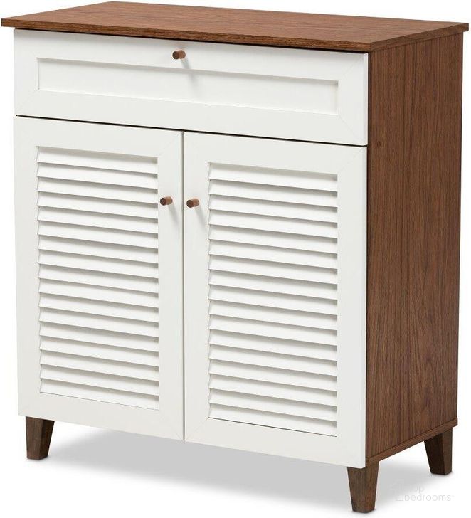 The appearance of Baxton Studio Coolidge Modern and Contemporary White and Walnut Finished 4-Shelf Wood Shoe Storage Cabinet with Drawer designed by Baxton Studio in the modern / contemporary interior design. This white piece of furniture  was selected by 1StopBedrooms from Coolidge Collection to add a touch of cosiness and style into your home. Sku: FP-02LV-Walnut/White. Product Type: Storage Cabinet. Material: MDF. Image1