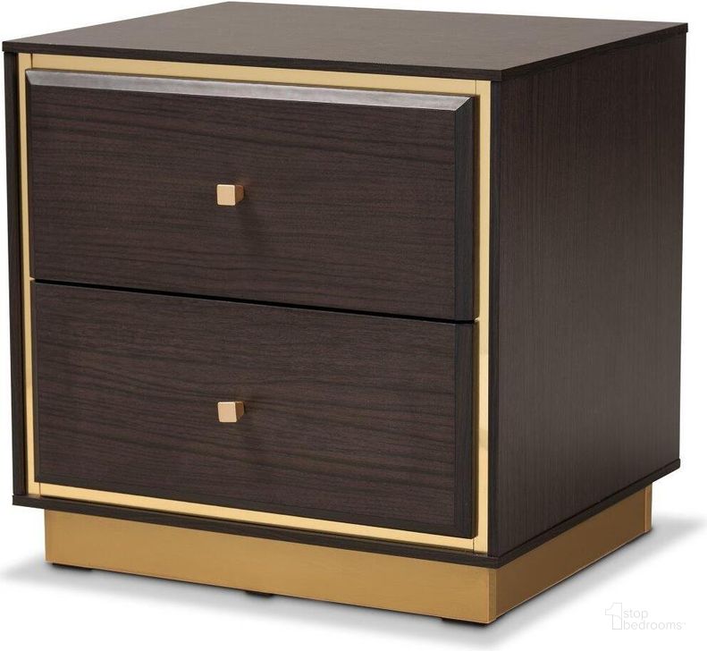 The appearance of Baxton Studio Cormac Mid-Century Modern Transitional Dark Brown Finished Wood And Gold Metal 2-Drawer Nightstand designed by Baxton Studio in the transitional interior design. This dark brown and gold piece of furniture  was selected by 1StopBedrooms from Cormac Collection to add a touch of cosiness and style into your home. Sku: LV28ST28240-Modi Wenge-NS. Material: Wood. Product Type: Nightstand. Image1