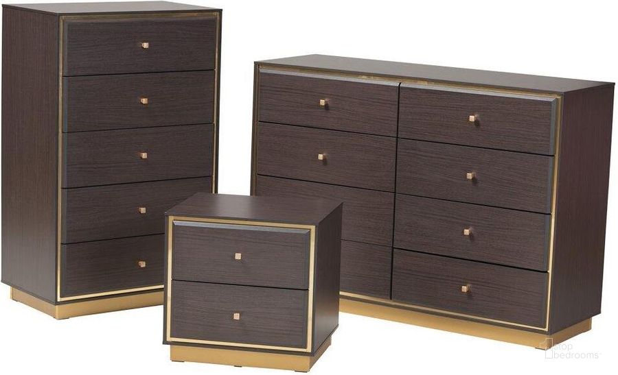 The appearance of Baxton Studio Cormac Mid-Century Modern Transitional Dark Brown Finished Wood And Gold Metal 3-Piece Storage Set designed by Baxton Studio in the modern / contemporary interior design. This dark brown piece of furniture  was selected by 1StopBedrooms from Cormac Collection to add a touch of cosiness and style into your home. Sku: LV28ST28240-Modi Wenge-3PC Storage Set. Material: Wood. Product Type: Dresser. Image1