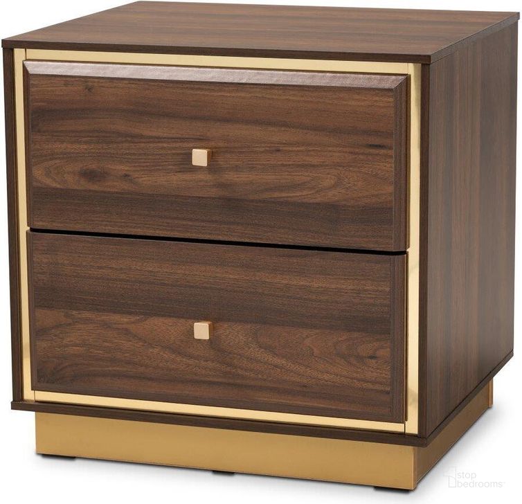 The appearance of Baxton Studio Cormac Mid-Century Modern Transitional Walnut Brown Finished Wood And Gold Metal 2-Drawer Nightstand designed by Baxton Studio in the transitional interior design. This brown and gold piece of furniture  was selected by 1StopBedrooms from Cormac Collection to add a touch of cosiness and style into your home. Sku: LV28ST28240-Walnut-NS. Material: Wood. Product Type: Nightstand. Image1