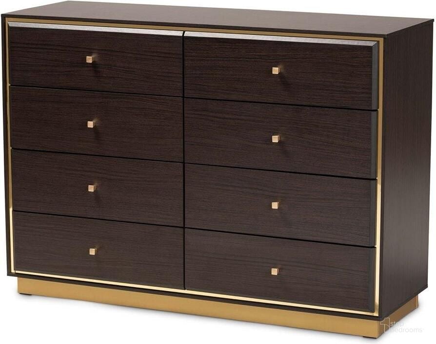The appearance of Baxton Studio Cormac Modern and Contemporary Espresso Brown Finished Wood and Gold Metal 8-Drawer Dresser designed by Baxton Studio in the modern / contemporary interior design. This espresso brown piece of furniture  was selected by 1StopBedrooms from Cormac Collection to add a touch of cosiness and style into your home. Sku: LV28COD28232-Modi Wenge-8DW-Dresser. Material: Wood. Product Type: Dresser. Image1