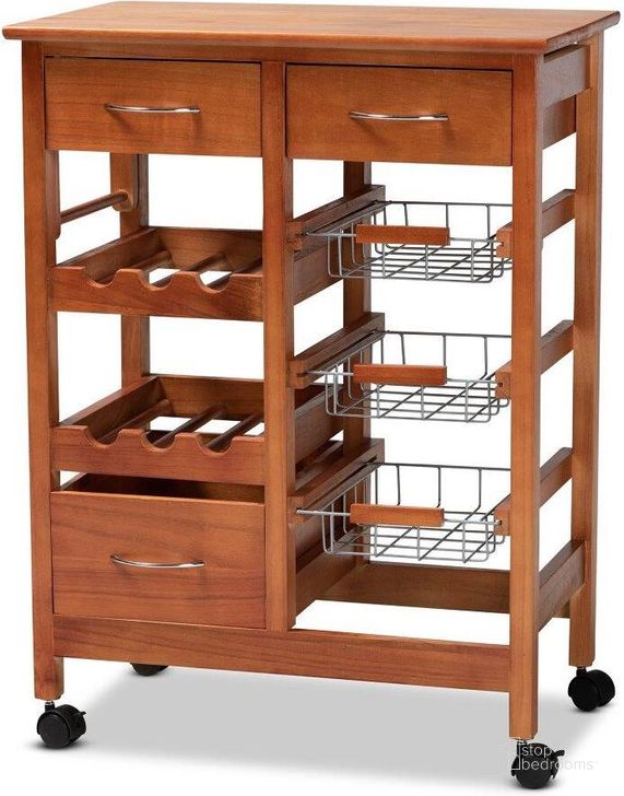 The appearance of Baxton Studio Crayton Modern And Contemporary Oak Brown Finished Wood And Silver-Tone Metal Mobile Kitchen Storage Cart designed by Baxton Studio in the modern / contemporary interior design. This oak brown piece of furniture  was selected by 1StopBedrooms from Crayton Collection to add a touch of cosiness and style into your home. Sku: LYA20-048-Wooden-Kitchen Cart. Material: Wood. Product Type: Kitchen Cart. Image1
