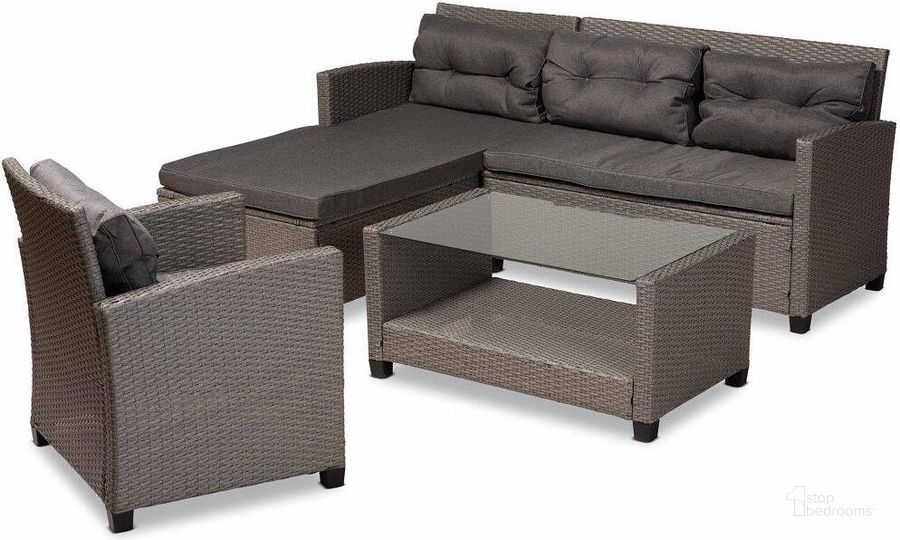 The appearance of Baxton Studio Darian Modern and Contemporary Grey Fabric Upholstered and Grey Synthetic Rattan 4-Piece Patio Set designed by Baxton Studio in the modern / contemporary interior design. This grey piece of furniture  was selected by 1StopBedrooms from Darian Collection to add a touch of cosiness and style into your home. Sku: MLM-210606-Dark Grey. Material: Polyester. Product Type: Outdoor Conversation Set. Image1