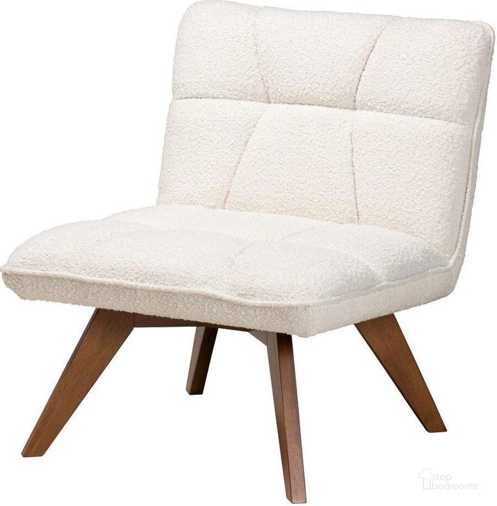 The appearance of Baxton Studio Darielle Japandi Cream Boucle Fabric and Walnut Brown Finished Rubberwood Accent Chair designed by Baxton Studio in the  interior design. This white/brown piece of furniture  was selected by 1StopBedrooms from Darielle Collection to add a touch of cosiness and style into your home. Sku: BBT5453-Maya-Cream/Walnut-CC. Product Type: Accent Chair. Material: Plywood. Image1