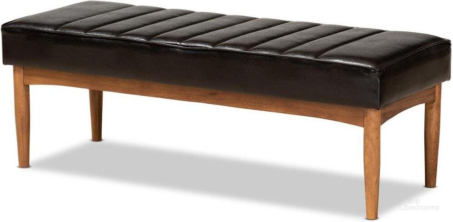 The appearance of Baxton Studio Daymond Mid-Century Modern Dark Brown Faux Leather Upholstered And Walnut Brown Finished Wood Dining Bench designed by Baxton Studio in the transitional interior design. This dark brown piece of furniture  was selected by 1StopBedrooms from Daymont Collection to add a touch of cosiness and style into your home. Sku: BBT8051.12-Dark Brown/Walnut-Bench. Material: Wood. Product Type: Dining Bench. Image1