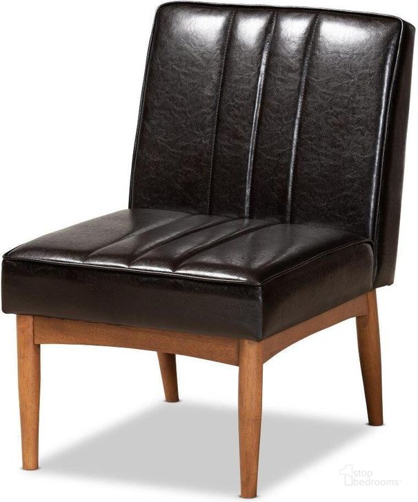 The appearance of Baxton Studio Daymond Mid-Century Modern Dark Brown Faux Leather Upholstered And Walnut Brown Finished Wood Dining Chair designed by Baxton Studio in the transitional interior design. This dark brown piece of furniture  was selected by 1StopBedrooms from Daymont Collection to add a touch of cosiness and style into your home. Sku: BBT8051.12-Dark Brown/Walnut-CC. Material: Wood. Product Type: Dining Chair. Image1