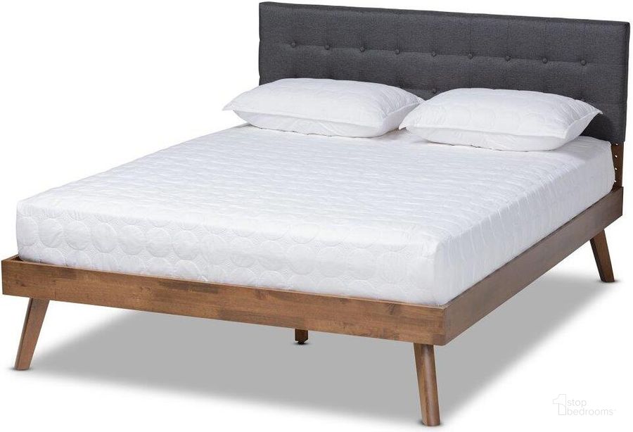 The appearance of Baxton Studio Devan Mid-Century Modern Dark Grey Fabric Upholstered Walnut Brown Finished Wood Full Size Platform Bed designed by Baxton Studio in the transitional interior design. This dark grey piece of furniture  was selected by 1StopBedrooms from Devan Collection to add a touch of cosiness and style into your home. Sku: SW8168-Dark Grey/Walnut-M17-Full. Bed Type: Platform Bed. Product Type: Platform Bed. Bed Size: Full. Material: Rubberwood. Image1