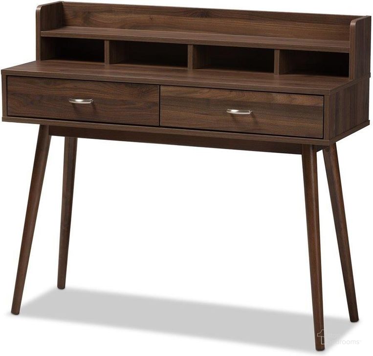 The appearance of Baxton Studio Disa Mid Century Modern Walnut Brown Finished 2 Drawer Desk designed by Baxton Studio in the transitional interior design. This brown piece of furniture  was selected by 1StopBedrooms from Disa Collection to add a touch of cosiness and style into your home. Sku: SP 3210-00-Brown. Product Type: Desk. Material: MDF. Image1