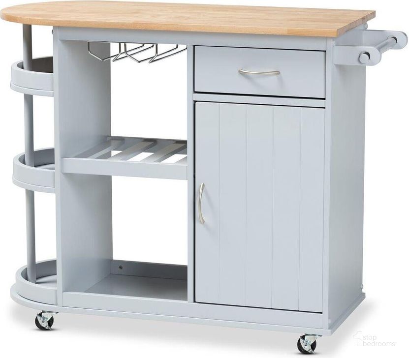 The appearance of Baxton Studio Donnie Coastal and Farmhouse Two-Tone Light Grey and Natural Finished Wood Kitchen Storage Cart designed by Baxton Studio in the country / farmhouse interior design. This light grey piece of furniture  was selected by 1StopBedrooms from Donnie Collection to add a touch of cosiness and style into your home. Sku: RT672-OCC-Natural/Light Grey-Cart. Product Type: Kitchen Islands and Serving Cart. Material: Rubberwood. Image1