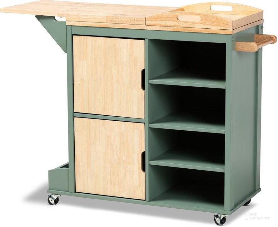 The appearance of Baxton Studio Dorthy Coastal and Farmhouse Two-tone Dark Green and Natural Wood Kitchen Storage Cart designed by Baxton Studio in the country / farmhouse interior design. This green piece of furniture  was selected by 1StopBedrooms from Dorthy Collection to add a touch of cosiness and style into your home. Sku: RT670-OCC-Natural/Dark Green-Cart. Product Type: Kitchen Islands and Serving Cart. Material: Rubberwood. Image1