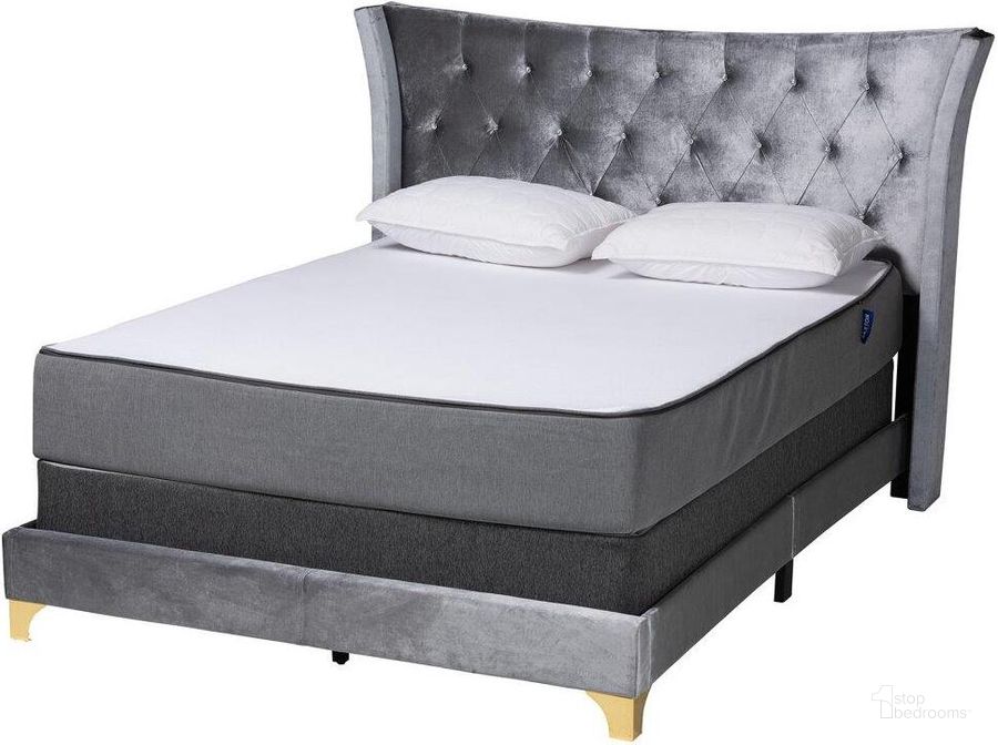 The appearance of Baxton Studio Easton Contemporary Glam And Luxe Grey Velvet And Gold Metal Queen Size Panel Bed designed by Baxton Studio in the glam interior design. This grey and gold piece of furniture  was selected by 1StopBedrooms from Easton Collection to add a touch of cosiness and style into your home. Sku: Easton-Grey Velvet-Queen. Bed Type: Panel Bed. Product Type: Panel Bed. Bed Size: Queen. Material: Rubberwood. Image1