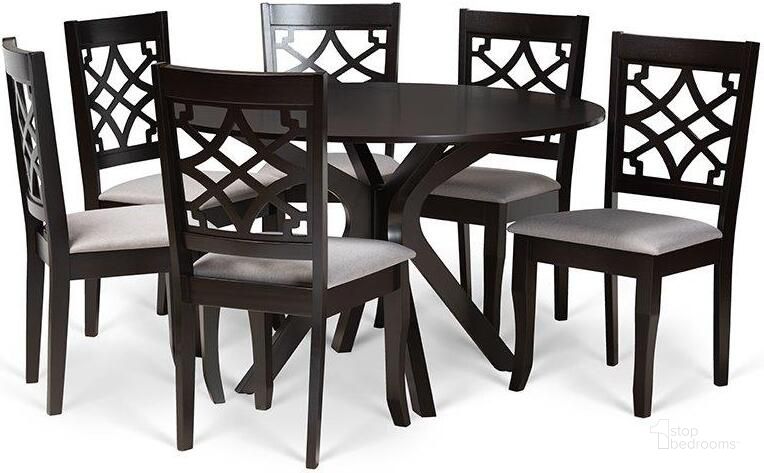 The appearance of Baxton Studio Elena Modern and Contemporary Grey Fabric Upholstered and Dark Brown Finished Wood 7-Piece Dining Set designed by Baxton Studio in the modern / contemporary interior design. This grey and dark brown piece of furniture  was selected by 1StopBedrooms from Elena Collection to add a touch of cosiness and style into your home. Sku: Elena-Grey/Dark Brown-7PC Dining Set. Material: Wood. Product Type: Dining Room Set. Image1