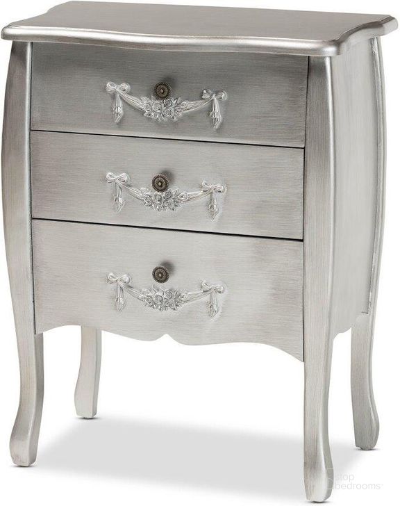 The appearance of Baxton Studio Eliya Classic And Traditional Brushed Silver Finished Wood 3-Drawer Storage Cabinet designed by Baxton Studio in the traditional interior design. This silver piece of furniture  was selected by 1StopBedrooms from Eliya Collection to add a touch of cosiness and style into your home. Sku: JY18B017-Silver-3DW-Cabinet. Product Type: Storage Cabinet. Material: MDF. Image1