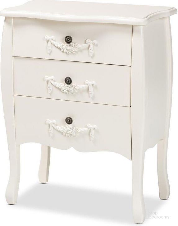 The appearance of Baxton Studio Eliya Classic And Traditional White Finished Wood 3-Drawer Storage Cabinet designed by Baxton Studio in the traditional interior design. This white piece of furniture  was selected by 1StopBedrooms from Eliya Collection to add a touch of cosiness and style into your home. Sku: JY18B017-White-3DW-Cabinet. Product Type: Storage Cabinet. Material: MDF. Image1