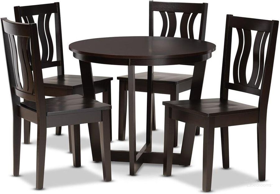 The appearance of Baxton Studio Elodia Modern And Contemporary Transitional Dark Brown Finished Wood 5 Piece Dining Set designed by Baxton Studio in the modern / contemporary interior design. This dark brown piece of furniture  was selected by 1StopBedrooms from Elodia Collection to add a touch of cosiness and style into your home. Sku: Elodia-Dark Brown-5PC Dining Set. Product Type: Dining Room Set. Material: Rubberwood. Image1