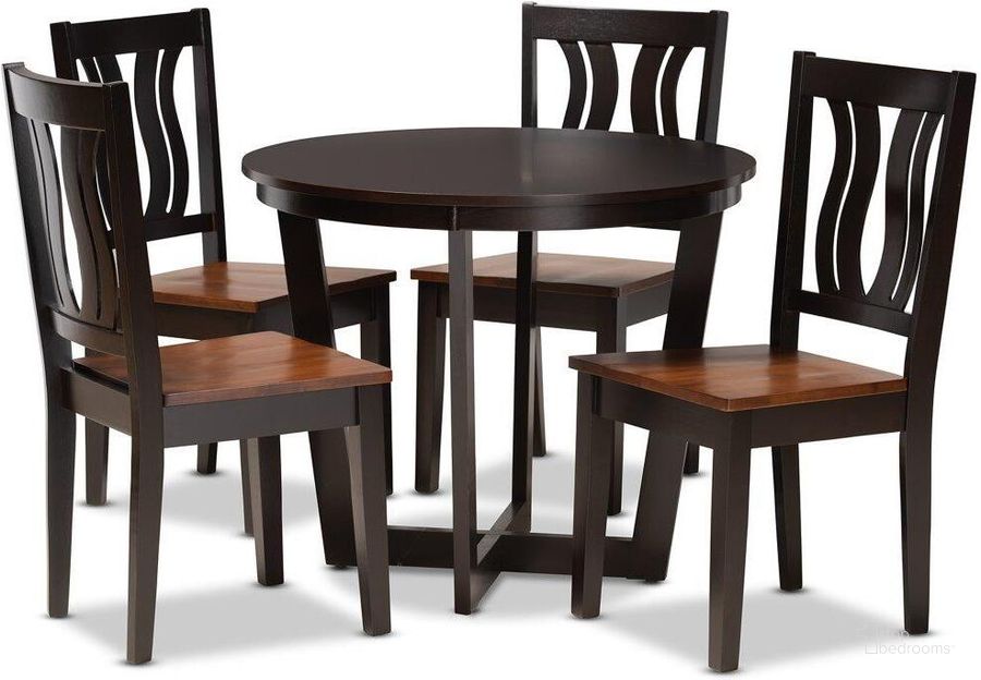 The appearance of Baxton Studio Elodia Modern And Contemporary Transitional Two Tone Dark Brown And Walnut Brown Finished Wood 5 Piece Dining Set designed by Baxton Studio in the modern / contemporary interior design. This walnut brown piece of furniture  was selected by 1StopBedrooms from Elodia Collection to add a touch of cosiness and style into your home. Sku: Elodia-Dark Brown/Walnut-5PC Dining Set. Product Type: Dining Room Set. Material: Rubberwood. Image1