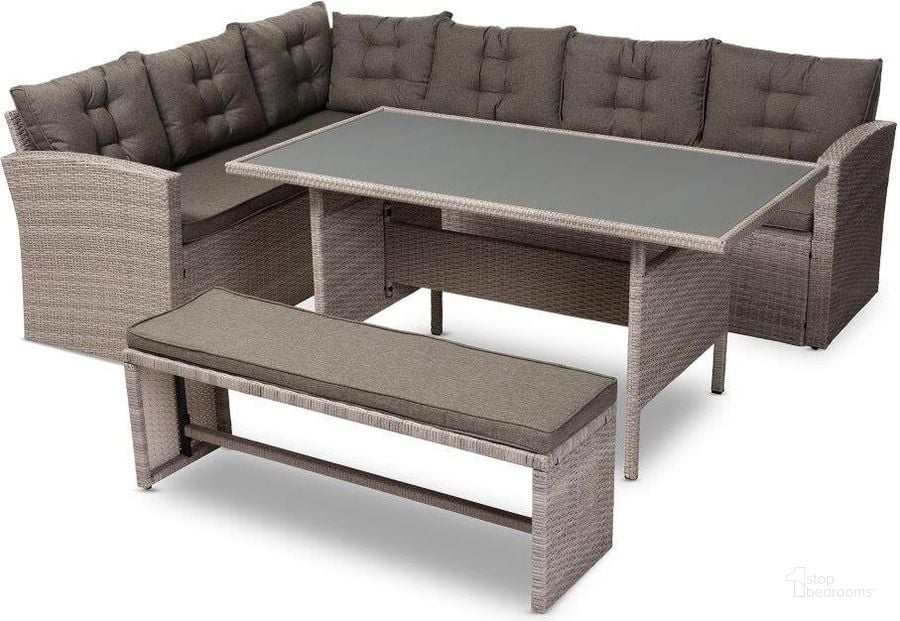 The appearance of Baxton Studio Eneas Modern And Contemporary Dark Grey Fabric Upholstered And Grey Rattan 3 Piece Outdoor Patio Lounge Corner Sofa Set designed by Baxton Studio in the modern / contemporary interior design. This dark grey piece of furniture  was selected by 1StopBedrooms from Eneas Collection to add a touch of cosiness and style into your home. Sku: MLM-210339-Dark Grey. Material: Polyester. Product Type: Sofa. Image1