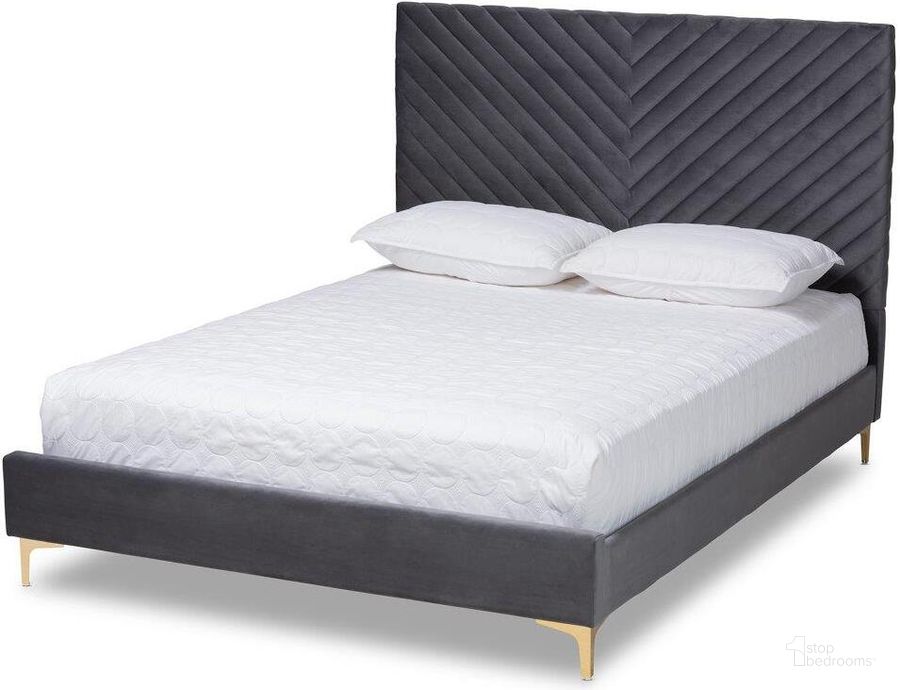 The appearance of Baxton Studio Fabrico Contemporary Glam And Luxe Grey Velvet Fabric Upholstered And Gold Metal King Size Platform Bed designed by Baxton Studio in the glam interior design. This grey and gold piece of furniture  was selected by 1StopBedrooms from Fabrico Collection to add a touch of cosiness and style into your home. Sku: BBT61079-Grey Velvet/Gold-King. Bed Type: Platform Bed. Product Type: Platform Bed. Bed Size: King. Material: Rubberwood. Image1