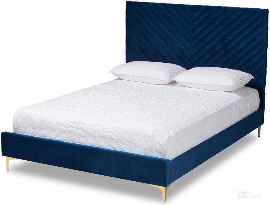 The appearance of Baxton Studio Fabrico Contemporary Glam And Luxe Navy Blue Velvet Fabric Upholstered And Gold Metal King Size Platform Bed designed by Baxton Studio in the glam interior design. This navy blue piece of furniture  was selected by 1StopBedrooms from Fabrico Collection to add a touch of cosiness and style into your home. Sku: BBT61079-Navy Blue Velvet/Gold-King. Bed Type: Platform Bed. Product Type: Platform Bed. Bed Size: King. Material: Rubberwood. Image1