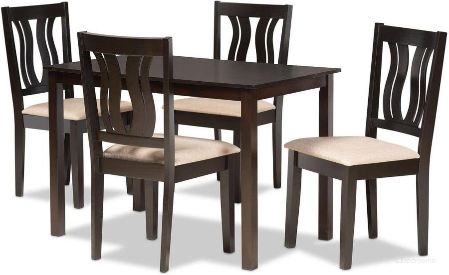 The appearance of Baxton Studio Fenton Modern And Contemporary Sand Fabric Upholstered And Dark Brown Finished Wood 5 Piece Dining Set designed by Baxton Studio in the modern / contemporary interior design. This sand and dark brown piece of furniture  was selected by 1StopBedrooms from Fenton Collection to add a touch of cosiness and style into your home. Sku: RH338C-Sand/Dark Brown-5PC Dining Set. Product Type: Dining Room Set. Material: Rubberwood. Image1