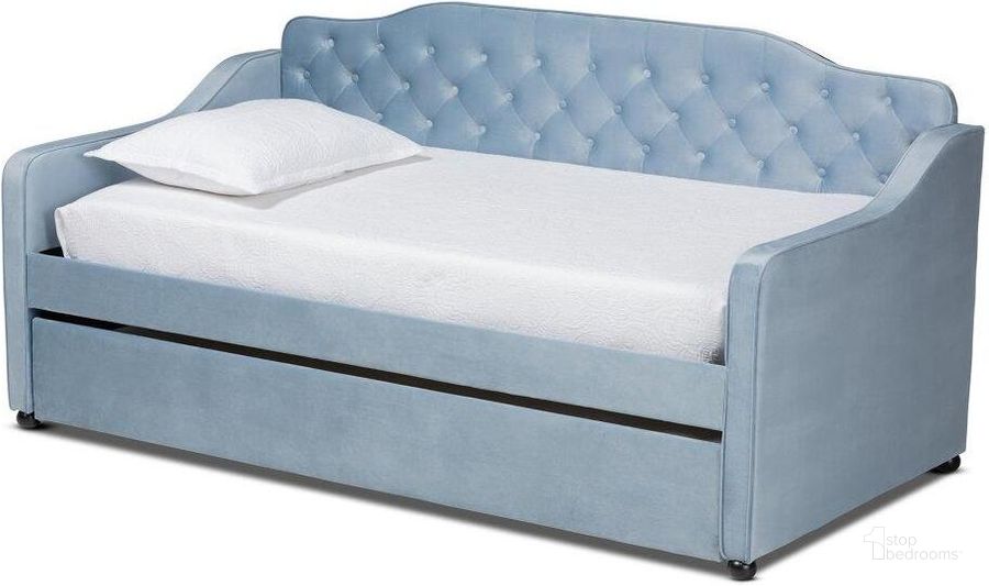 The appearance of Baxton Studio Freda Traditional and Transitional Light Blue Velvet Fabric Upholstered and Button Tufted Twin Size Daybed with Trundle designed by Baxton Studio in the traditional interior design. This light blue piece of furniture  was selected by 1StopBedrooms from Freda Collection to add a touch of cosiness and style into your home. Sku: Freda-Light Blue Velvet-Daybed-T/T. Bed Type: Daybed. Product Type: DayBed. Bed Size: Twin. Material: MDF. Image1