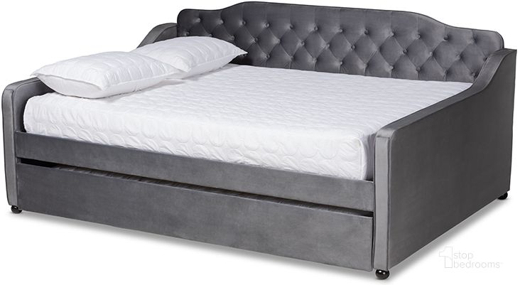 The appearance of Baxton Studio Freda Transitional and Contemporary Grey Velvet Fabric Upholstered and Button Tufted Full Size Daybed with Trundle designed by Baxton Studio in the transitional interior design. This grey piece of furniture  was selected by 1StopBedrooms from Freda Collection to add a touch of cosiness and style into your home. Sku: Freda-Grey Velvet-Daybed-F/T. Bed Type: Daybed. Material: Polyester. Product Type: DayBed. Bed Size: Full. Image1