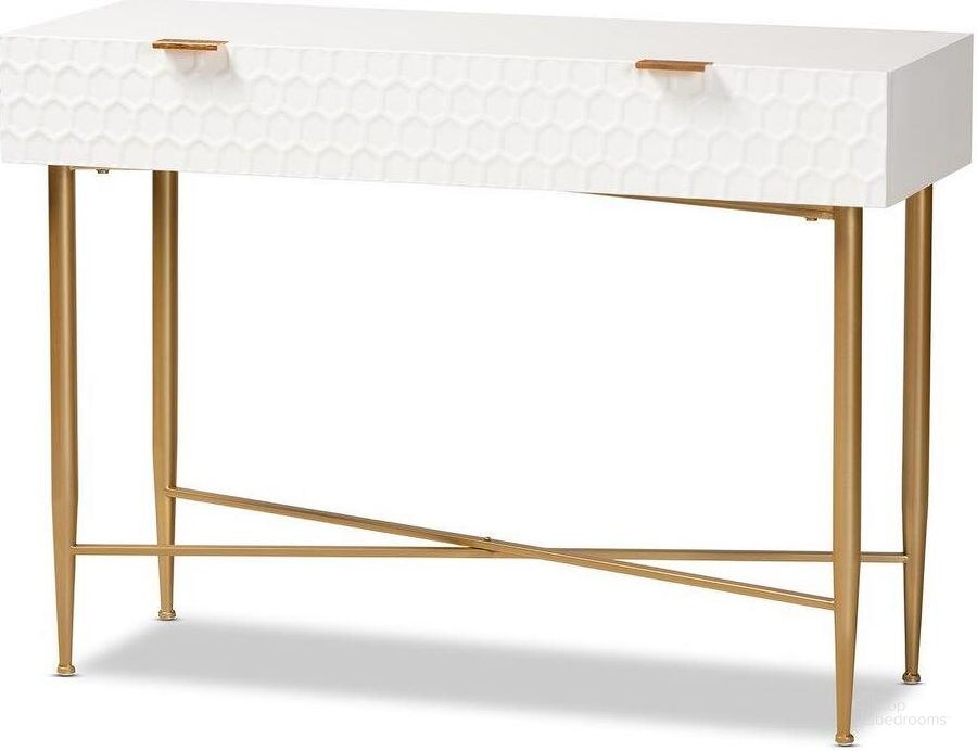 The appearance of Baxton Studio Galia Modern And Contemporary White Finished Wood And Gold Metal 1-Drawer Console Table designed by Baxton Studio in the modern / contemporary interior design. This white and gold piece of furniture  was selected by 1StopBedrooms from Galia Collection to add a touch of cosiness and style into your home. Sku: JY20B124-White/Gold-Console. Material: Wood. Product Type: Console Table. Image1