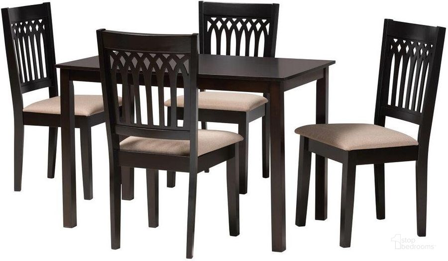 The appearance of Baxton Studio Genesis Modern Beige Fabric and Dark Brown Finished Wood 5 Piece Dining Set designed by Baxton Studio in the modern / contemporary interior design. This beige brown piece of furniture  was selected by 1StopBedrooms from Genesis Collection to add a touch of cosiness and style into your home. Sku: RH389C-Sand/Dark Brown-5PC Dining Set. Product Type: Dining Room Set. Material: MDF. Image1