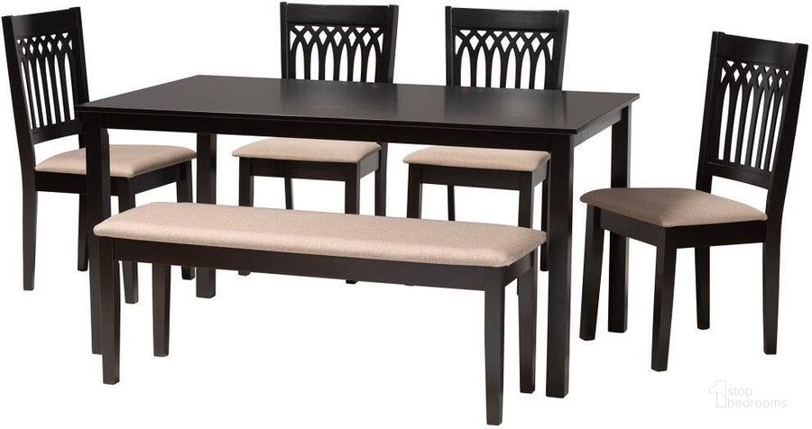 The appearance of Baxton Studio Genesis Modern Beige Fabric and Dark Brown Finished Wood 6 Piece Dining Set designed by Baxton Studio in the modern / contemporary interior design. This beige brown piece of furniture  was selected by 1StopBedrooms from Genesis Collection to add a touch of cosiness and style into your home. Sku: RH389C-Sand/Dark Brown-6PC Dining Set. Product Type: Dining Room Set. Material: MDF. Image1