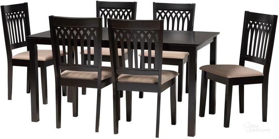 The appearance of Baxton Studio Genesis Modern Beige Fabric and Dark Brown Finished Wood 7 Piece Dining Set designed by Baxton Studio in the modern / contemporary interior design. This beige brown piece of furniture  was selected by 1StopBedrooms from Genesis Collection to add a touch of cosiness and style into your home. Sku: RH389C-Sand/Dark Brown-7PC Dining Set. Product Type: Dining Room Set. Material: MDF. Image1
